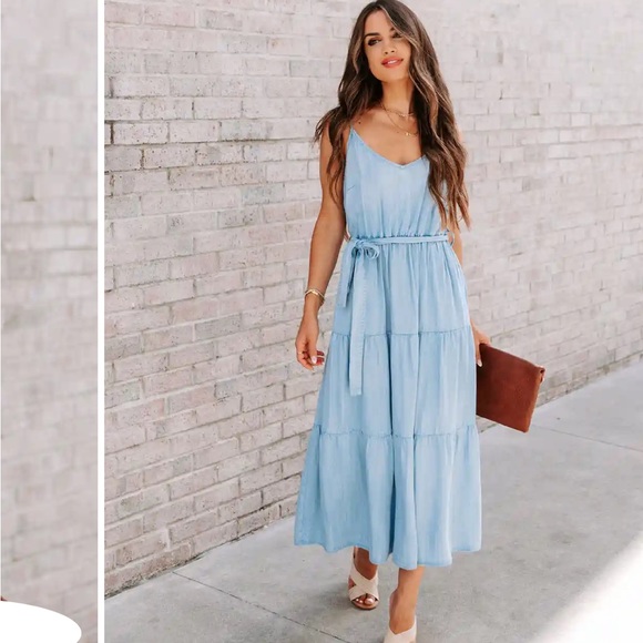 Vici Canadian Blues Chambray Pocketed Midi Dress - Picture 2 of 7